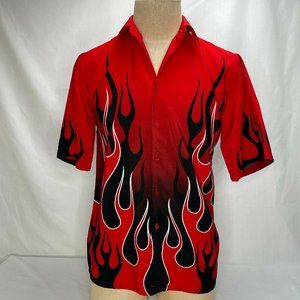 Authentic Shaolin Boy's Shirt Red Black Flames Size XL 18 Button Front Short Slv